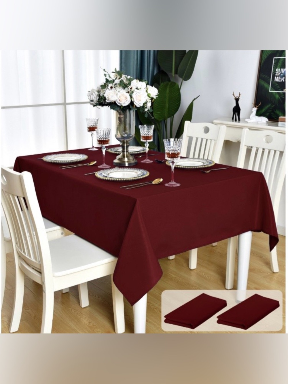 Burgundy Tablecloth Waterproof Wrinkle-Free Rectangular/Oblong 60x84” (2-pack)